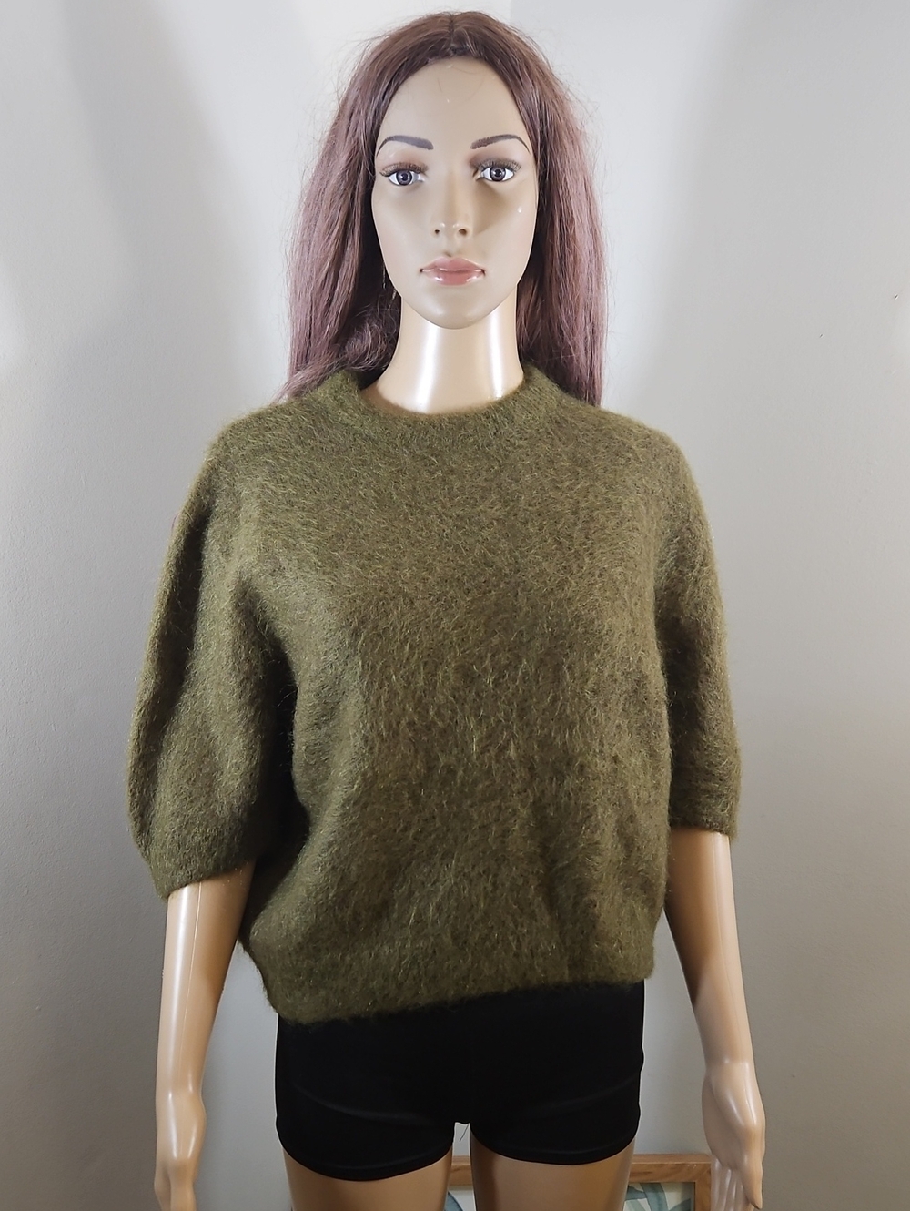 H&M Mohair Wool Blend Olive Green Women's Crewneck Sweater Half Sleeves Crop